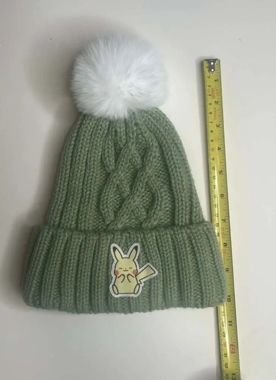 Youth Pokémon Pikachu Green & White Cable Knit Beanie With Pom Pom, NWOT